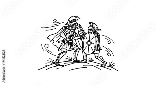 Ancient Greek warriors in battle, line art illustration