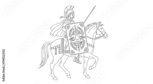Ancient Roman cavalry soldier on horseback, holding a spear and shield, line art illustration