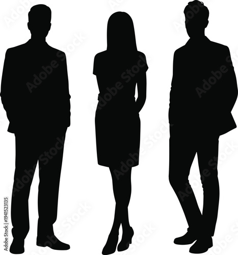 Black silhouette illustration of three diverse individuals in formal and business attire, symbolizing professionalism, teamwork, unity, fashion diversity, and leadership.