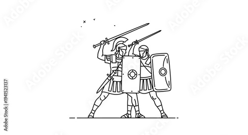 Ancient Roman Soldiers Fighting with Swords and Shields, Line Art Illustration