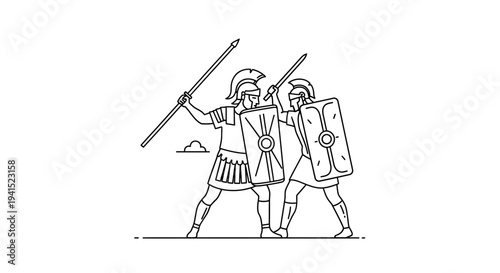 Ancient Roman Soldiers Fighting with Swords and Shields, Line Art Illustration