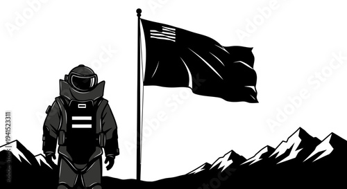 Bomb Disposal Suit Soldier Stands Guard Under Black American Flag in Mountainous Landscape