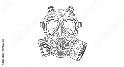 Camouflage Gas Mask Outline Drawing - Protection, Safety, Military, Survival