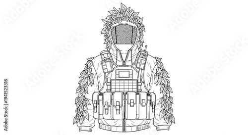 Camouflage Ghillie Suit Hood and Vest with Tactical Pouches, Military Gear Outline