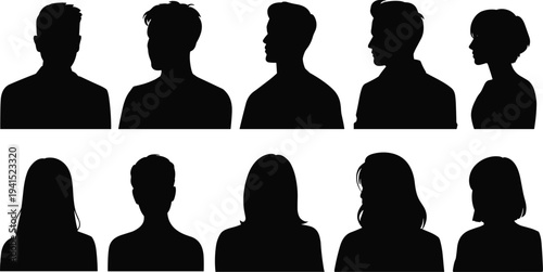 Black silhouette illustration of ten diverse human head profiles in rows, showcasing hairstyles, identity, anonymity, diversity, and psychological representation.
