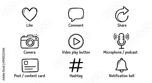 Hand Drawn Social Media and Content Creator Icon Set Doodle Style Networking and Digital Marketing Symbols