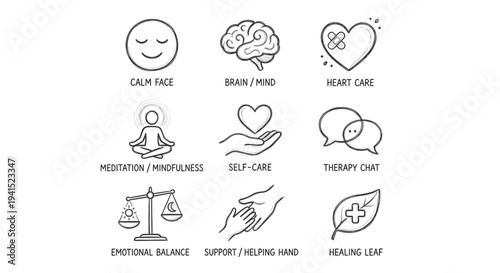 Hand Drawn Mental Health and Wellness Icon Set Doodle Style Self Care Therapy and Emotional Balance Symbols