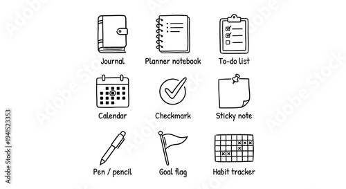 Hand Drawn Journaling and Habit Tracking Icon Set Doodle Style Planning Stationery and Goal Setting Symbols