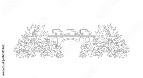 Cars crossing bridge over river with lush foliage, line art illustration
