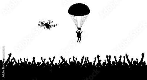 Drone Delivery: Parachute Cargo Drop to Excited Crowd Below