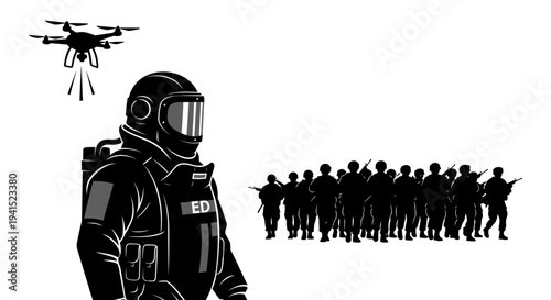 Drone Surveillance Over Riot Police and Crowd, Modern Warfare Concept