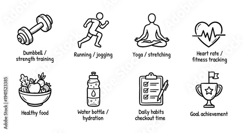 Hand Drawn Fitness and Healthy Lifestyle Icon Set Doodle Style Workout Nutrition and Goal Achievement Symbols