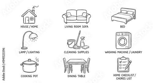 Hand Drawn Home Life and Housekeeping Icon Set Doodle Style Furniture Cleaning and Domestic Chore Symbols