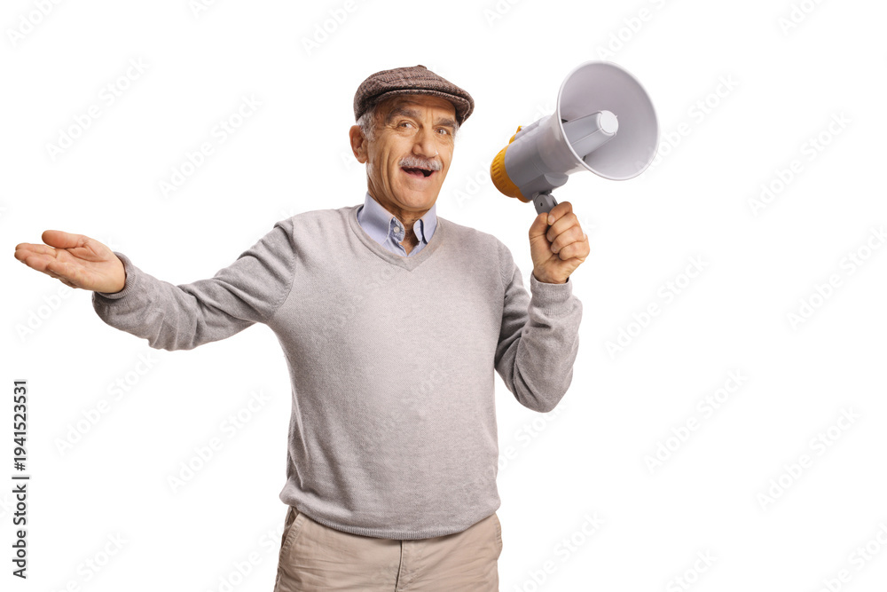 Fototapeta premium Elderly man talking with megaphone