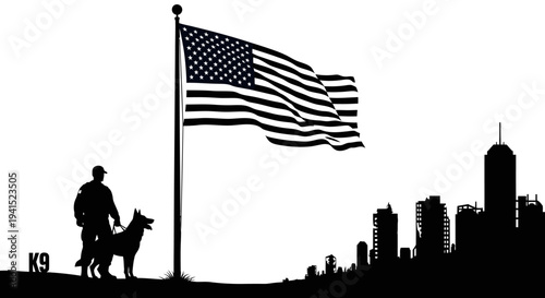 K9 Police Officer and Dog Silhouette with American Flag and City Skyline