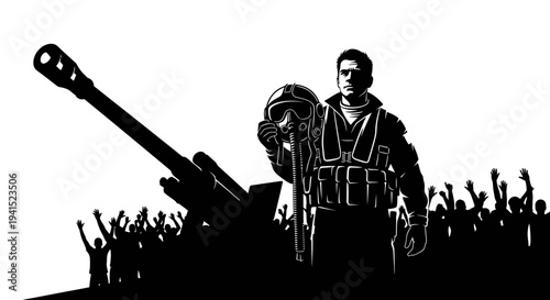 Heroic Soldier with Cannon and Cheering Crowd, Victory Celebration, Military Power