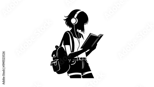 Anime Style Illustration of a Student Girl Reading with Headphones