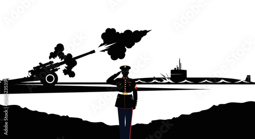 Marine Salutes Firing Cannon and Submarine in Silhouette - Military Power and Defense