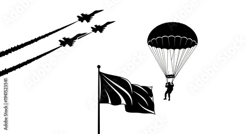 Military Air Show: Fighter Jets, Parachutist, and Flag