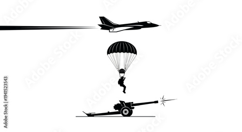 Military Action: Jet, Parachutist, and Artillery Cannon in Dynamic Motion