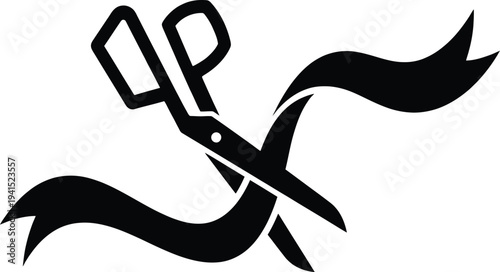 Black silhouette of scissors cutting a ribbon, symbolizing a grand opening or new beginning.