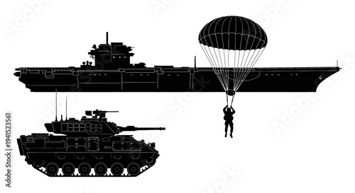 Military Aircraft Carrier, Tank, and Parachutist Silhouette - Combined Arms Warfare Concept