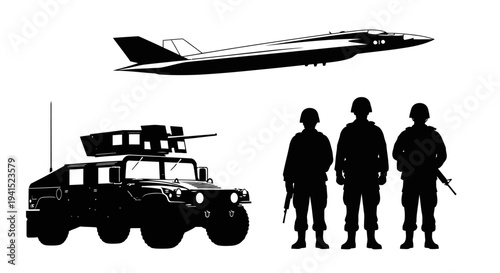 Military Aircraft, Humvee Vehicle, and Soldiers Silhouette - Modern Warfare and Defense Concept