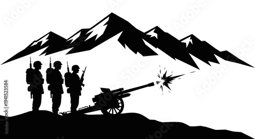 Military artillery firing in mountains silhouette, soldiers aiming cannon, war scene