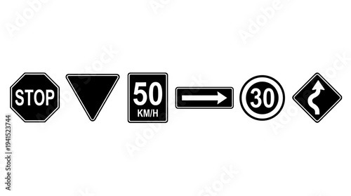 A set of road signs and traffic symbols on transparent background