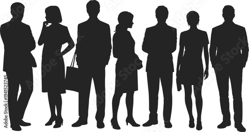Black silhouette illustration of seven diverse business professionals in corporate attire, standing together, symbolizing teamwork, workplace diversity, leadership, and professionalism.