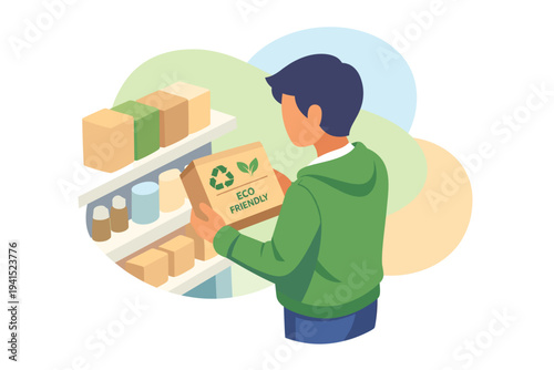 Man choosing eco friendly product from shelf in store.