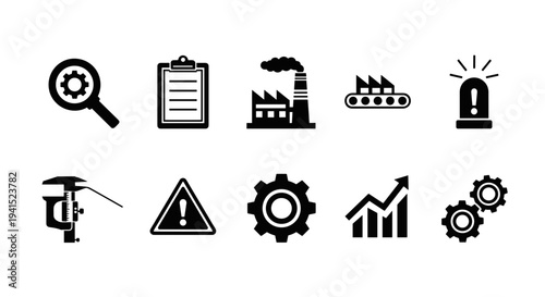 A set of industrial and business icons in a flat, minimal design style on transparent background