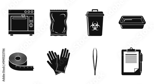 A set of black and white vector icons depicting various biohazard and medical equipment on transparent background