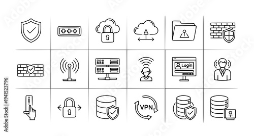A collection of cybersecurity icons in a minimalist line art style