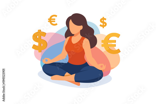 Woman Meditating with Currency Symbols Dollar Euro.