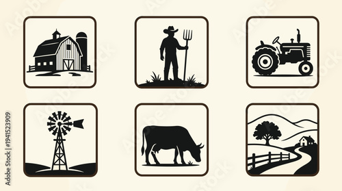 A set of six farm themed vector icons in a flat minimalist style with a black and white color scheme