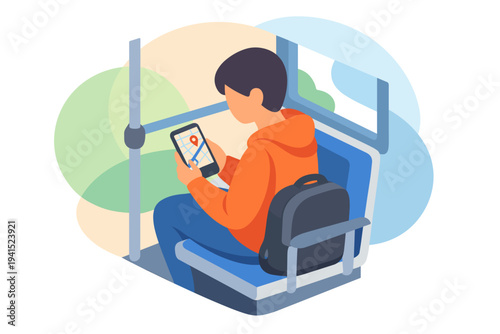 Young man using navigation app on smartphone while riding public transportation.