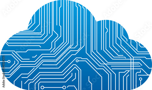 Blue cloud with a circuit board design. Digital technology concept for cloud computing and data storage. Vector isolated illustration.