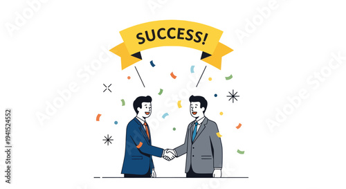 Two Businessmen Shaking Hands Under Success Banner Celebrating Achievement.