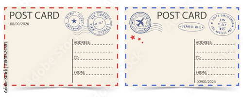 Vintage postcard template with postal stamps retro air mail travel card design