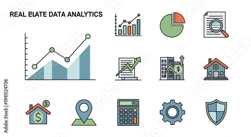 Real Estate Data Analytics Icons Set with Charts and Financial Symbols.