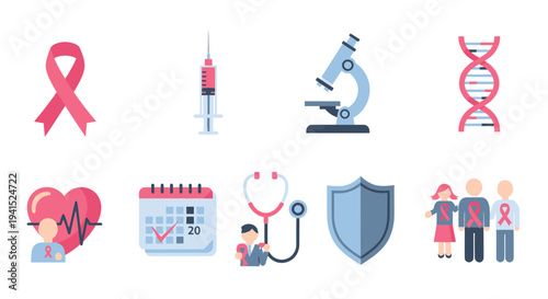 A collection of flat design icons representing medical care and breast cancer awareness concepts.
