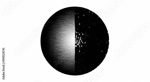 Abstract sphere with textured light and dark halves, representing duality and contrast.