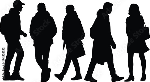 Black silhouette illustration of five diverse individuals in casual clothing, walking and standing, showcasing fashion styles, posture, movement, and human gestures.