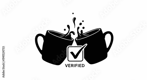 Two coffee mugs clinking in a toast, with a verified checkmark symbol below.