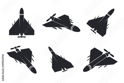 Set of Military Combat Drone Icon, UCAV Unmanned Aerial Vehicle Vector Icon Isolated on White Background