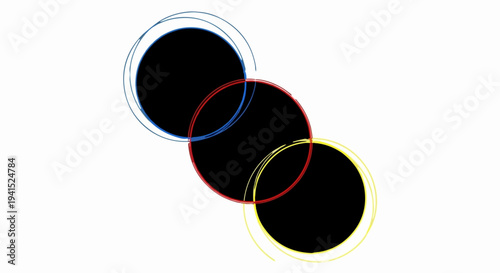 Three overlapping black circles with colorful sketchy outlines on a white background