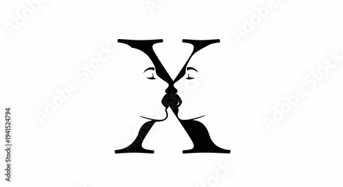 Abstract optical illusion forming the letter X with facing profiles and eyes.