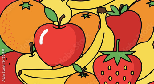 A vibrant medley of fresh fruits including apples, bananas, strawberries, and oranges arranged in a lively pattern.