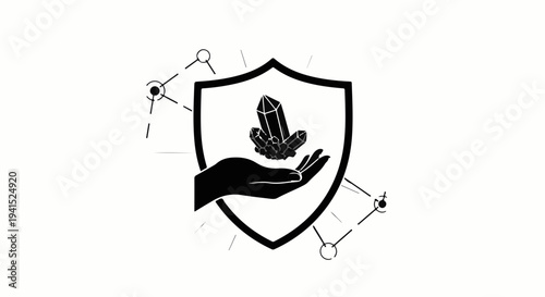 Hand holding crystal inside shield, symbolizing protection and growth of natural resources.